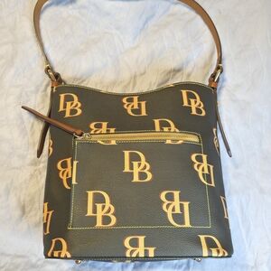 Dooney & Bourke Black Bucket Bag with Tan Logo Print